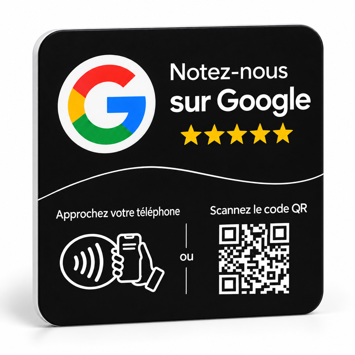 Placa cuadrada NFC y QR para reseñas de Google negra con texto en francés