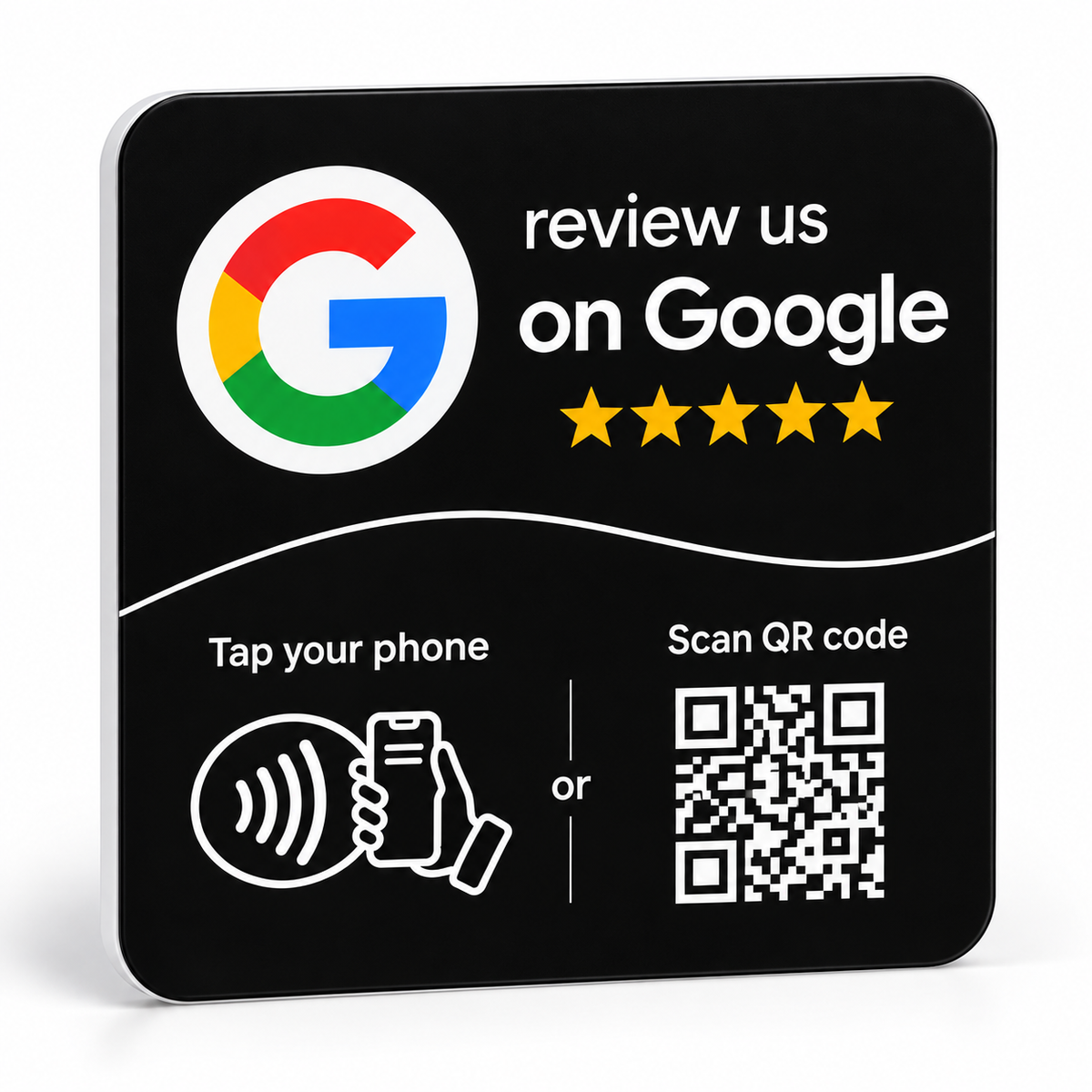 Placa cuadrada NFC y QR para reseñas de Google negra con texto en inglés