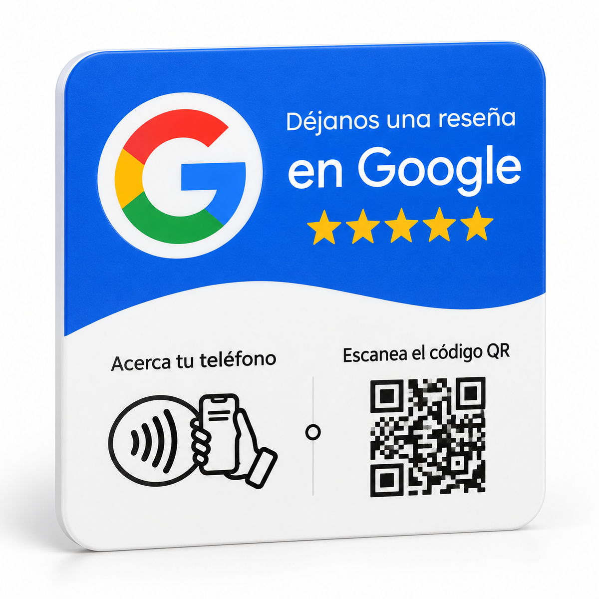 Placa adhesiva NFC y QR para reseñas de Google azul y blanca con texto en español