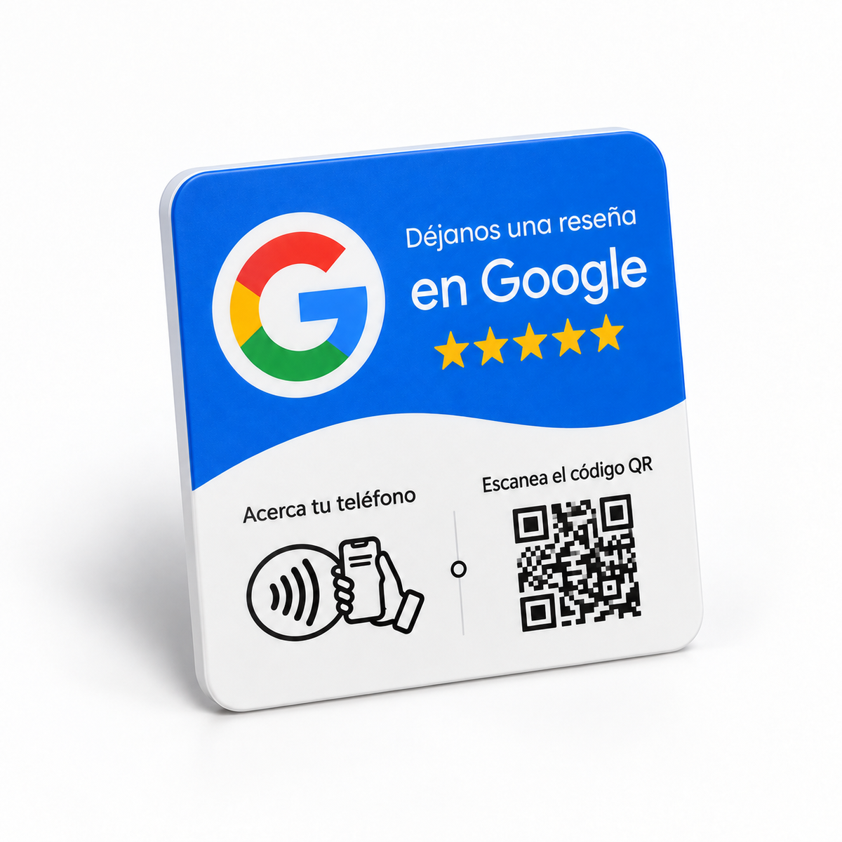 Placa NFC Google cuadrada completa, vista inclinada del frontal y sus bordes