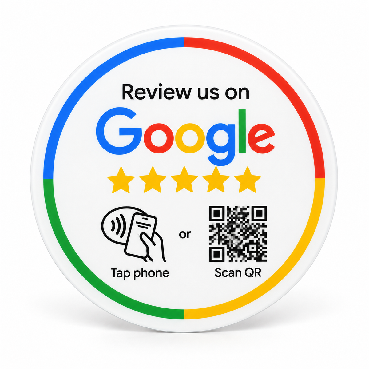 Placa redonda blanca con NFC y QR para reseñas de Google en inglés