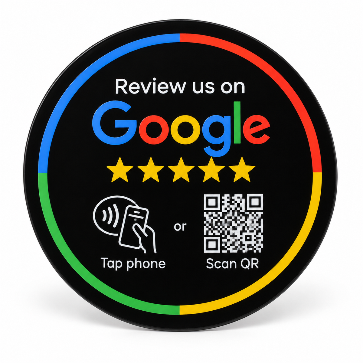 Placa redonda negra con NFC y QR para reseñas de Google en inglés