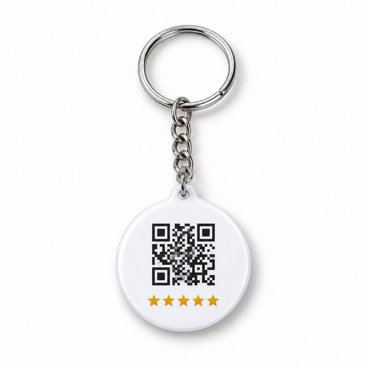 Reverso completo del llavero NFC Google blanco con QR, cadena y anilla