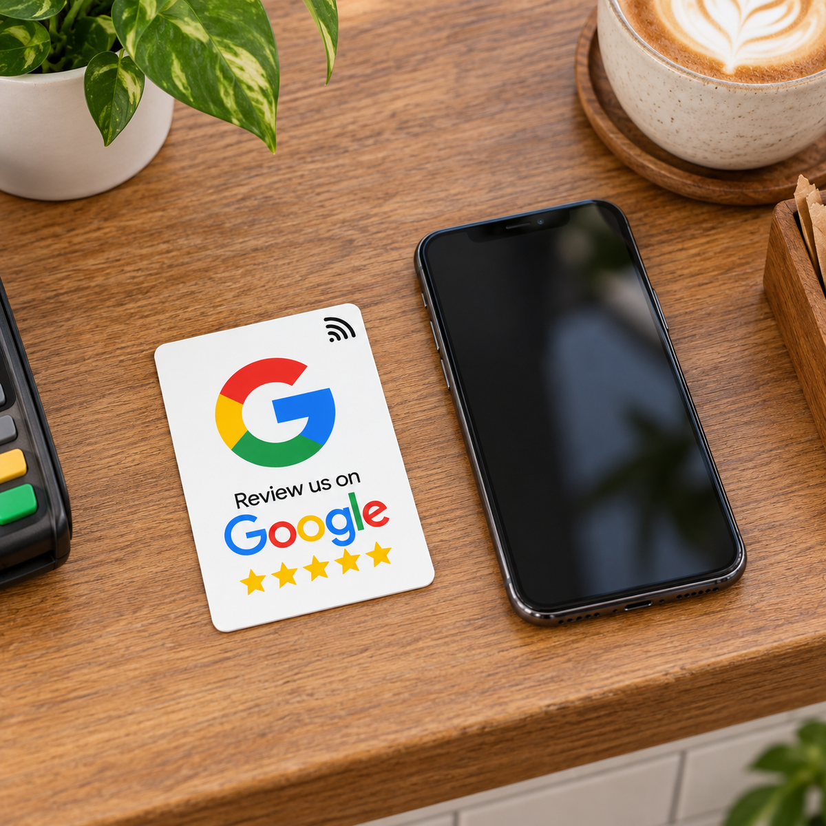 Tarjeta NFC Google clásica blanca completa junto a un móvil en el mostrador