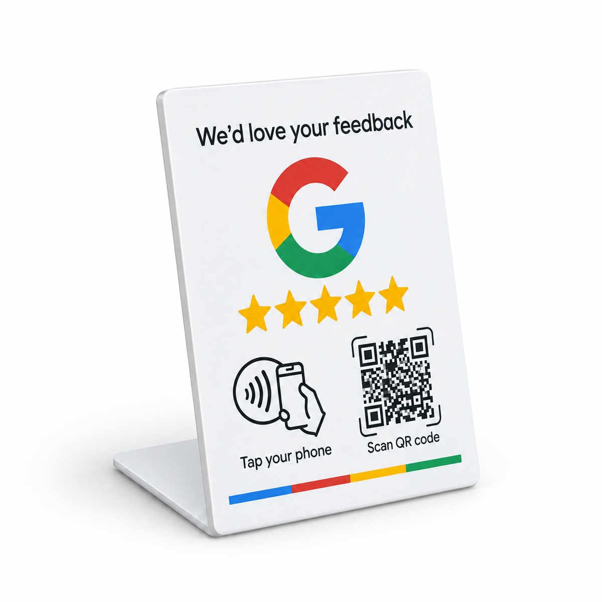 Vista lateral completa del expositor NFC Google grande blanco Diseño G, con su base