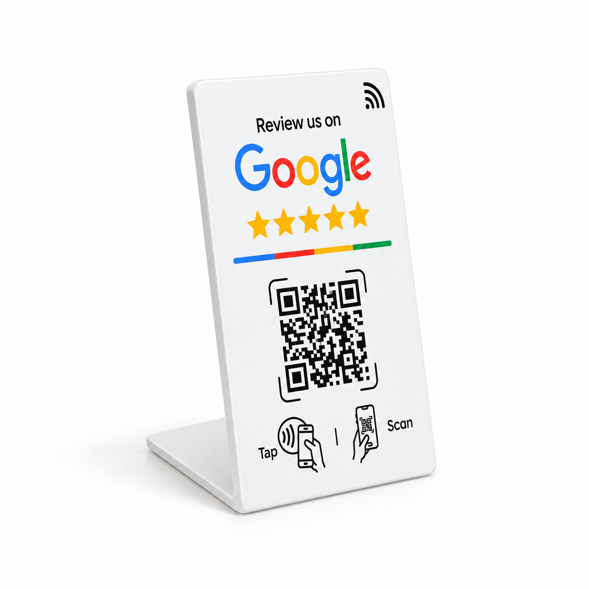 Vista lateral completa del expositor NFC Google pequeño blanco clásico, con su base